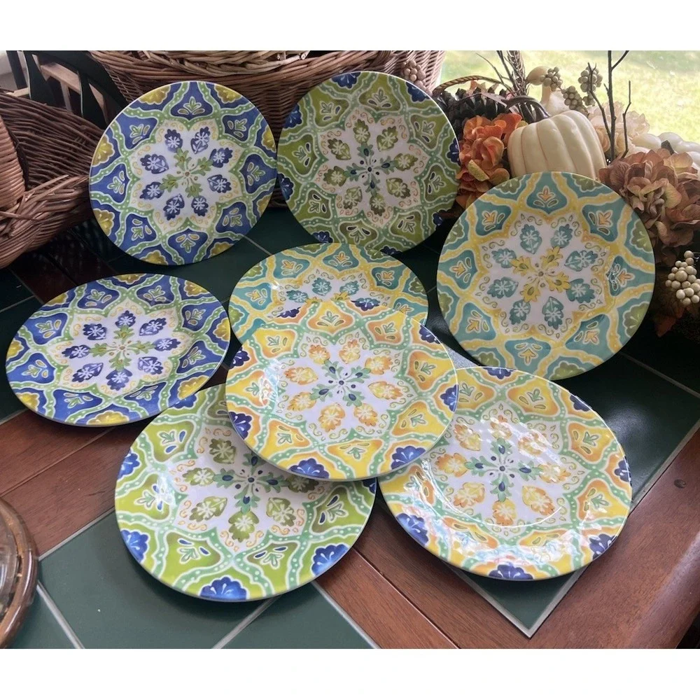 Set 14 Assorted LAURIE GATES MOROCCAN BOHO MELAMINE 8 Salad Plates & 6 Bowls